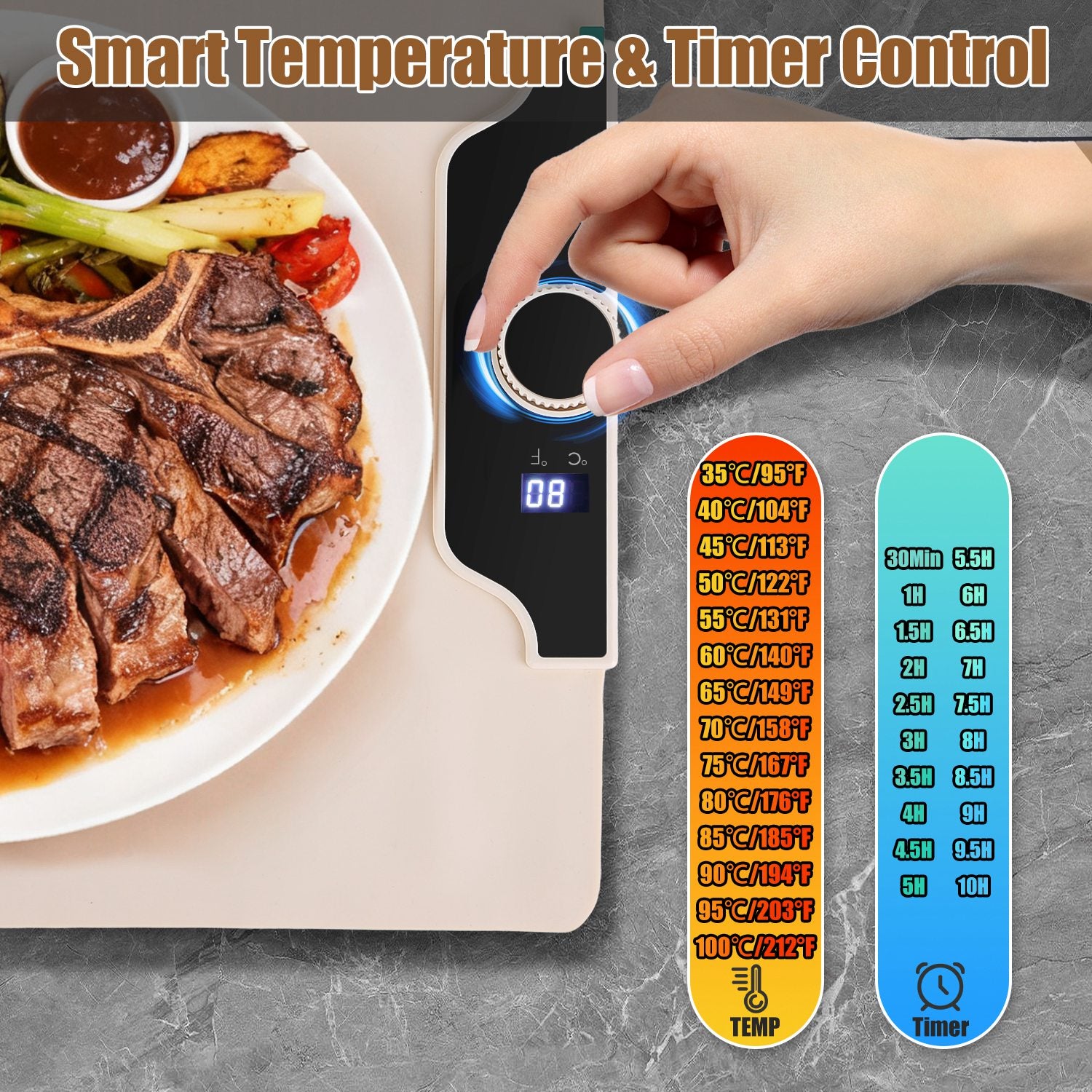 Electric Food Warming Mat Silicone 300W Adjustable Temp Timer
