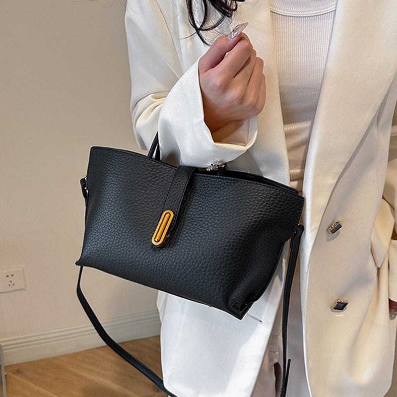 Large Capacity Litchi Pattern Shoulder Bag INS Zipper Bucket Tote Women