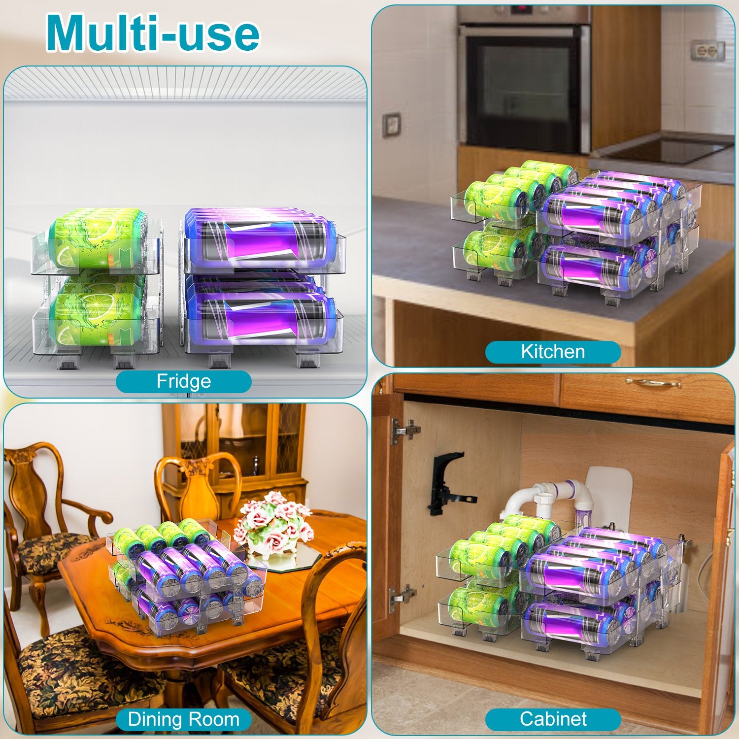 2 Pack Adjustable Soda Can Organizer 2 Tier Auto Rolling