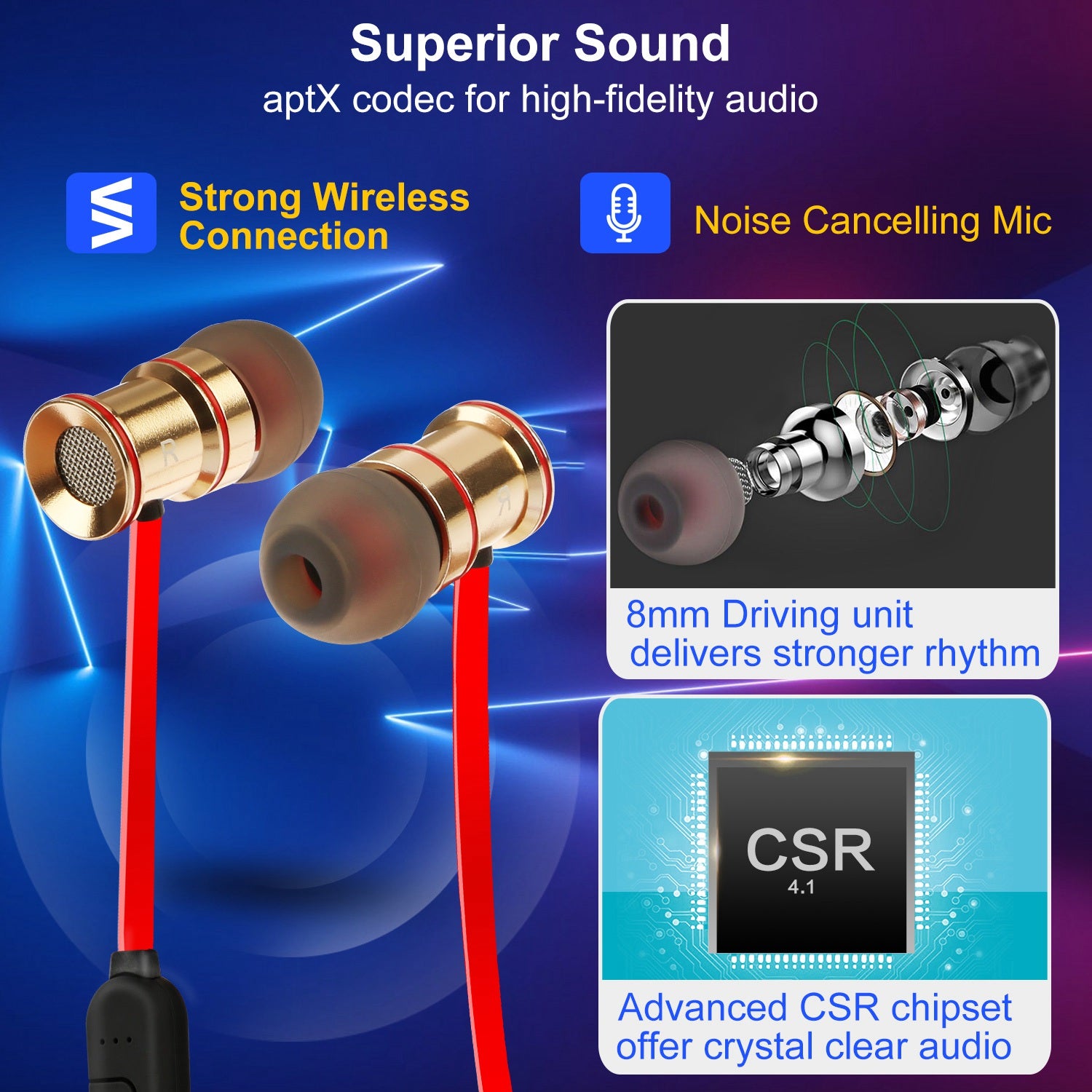 Wireless Sport Bluetooth 4.1 In-Ear Earphones Sweatproof Mic