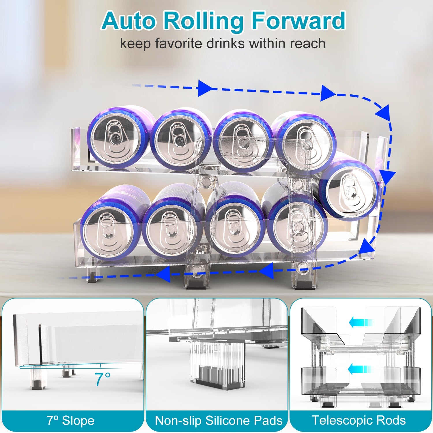 2 Pack Adjustable Soda Can Organizer 2 Tier Auto Rolling