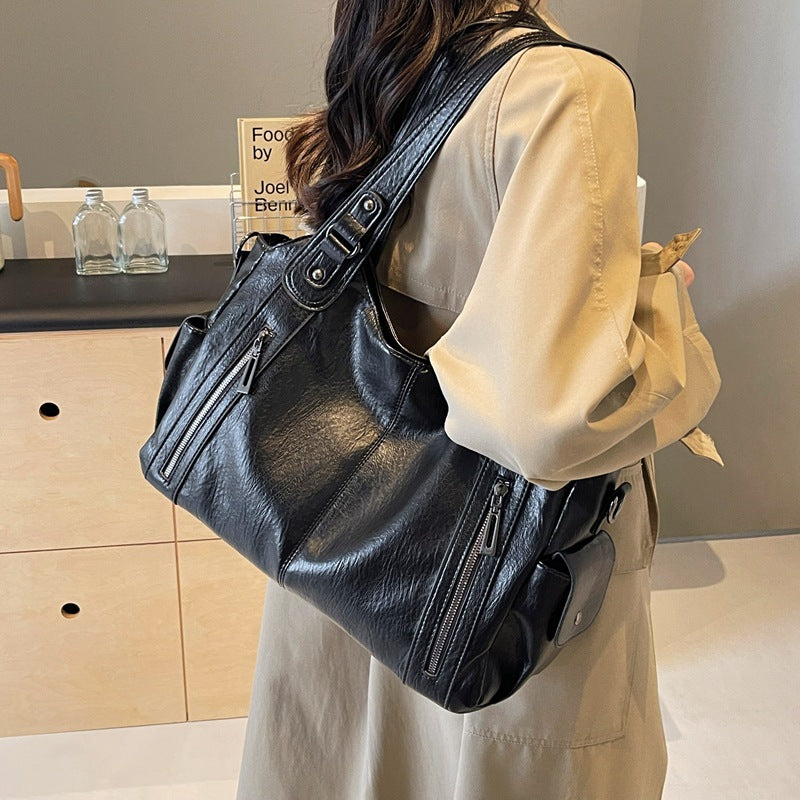 Elegant Retro Handbag Solid Color Textured American Shoulder Bag