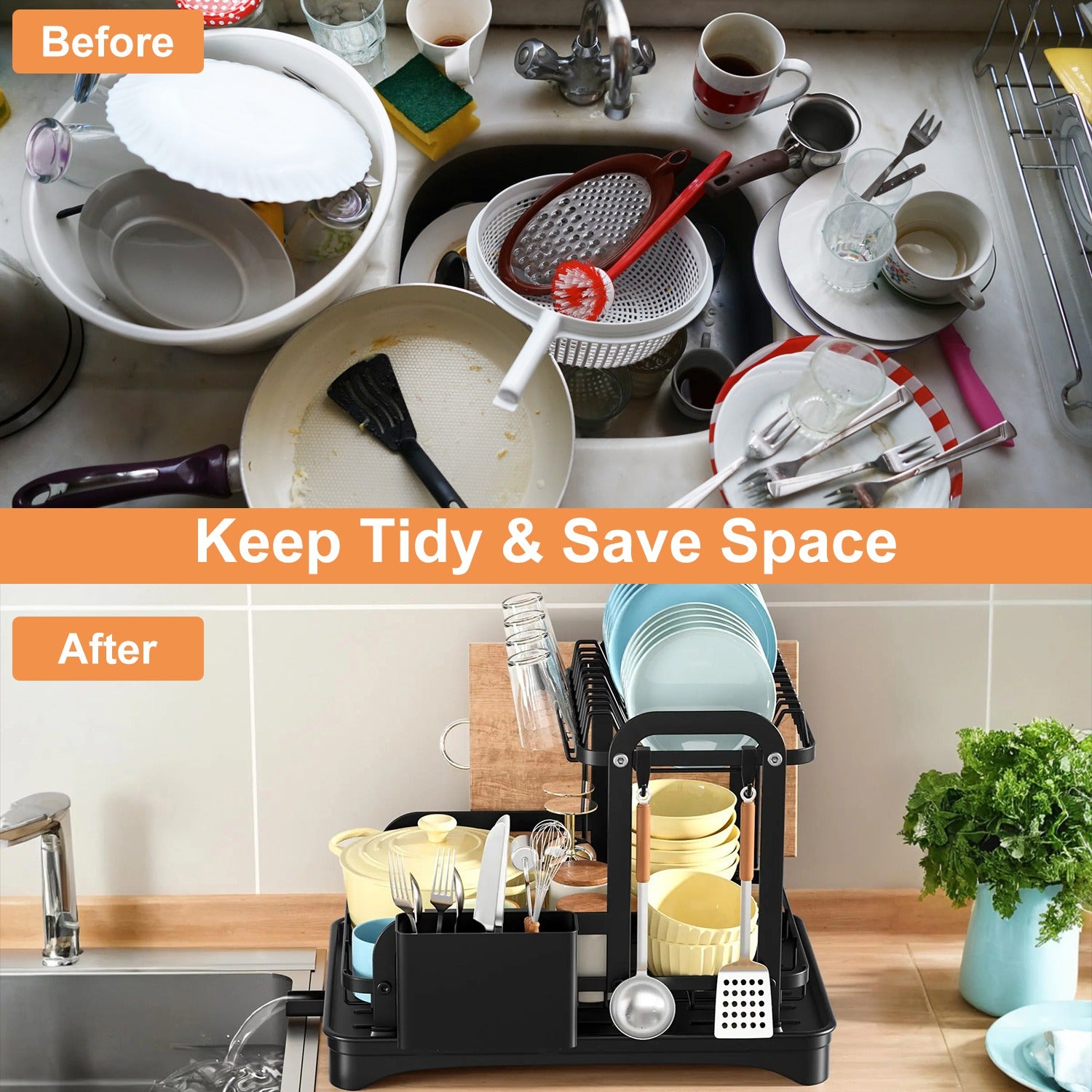 2 Tier Dish Drying Rack with Drainage Tray