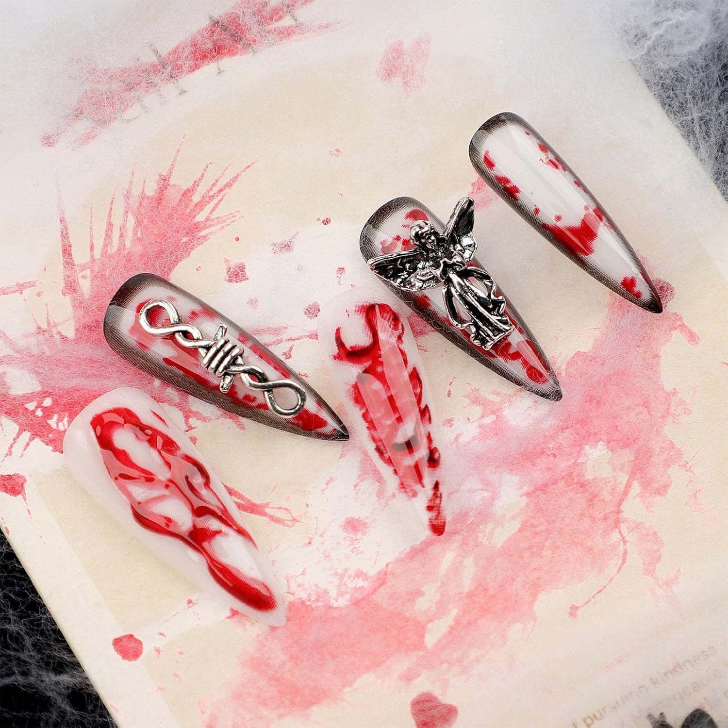 24 PCS Extra Long 3D Blood Angel Fake Nails
