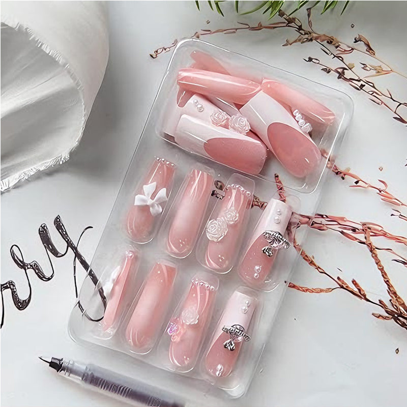 24 PCS Planet Pearl Flower Long Fake Nails