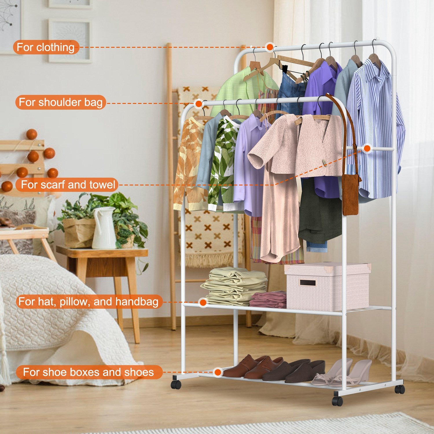 Heavy Duty Rolling Garment Rack with Shelf Clothes Organizer