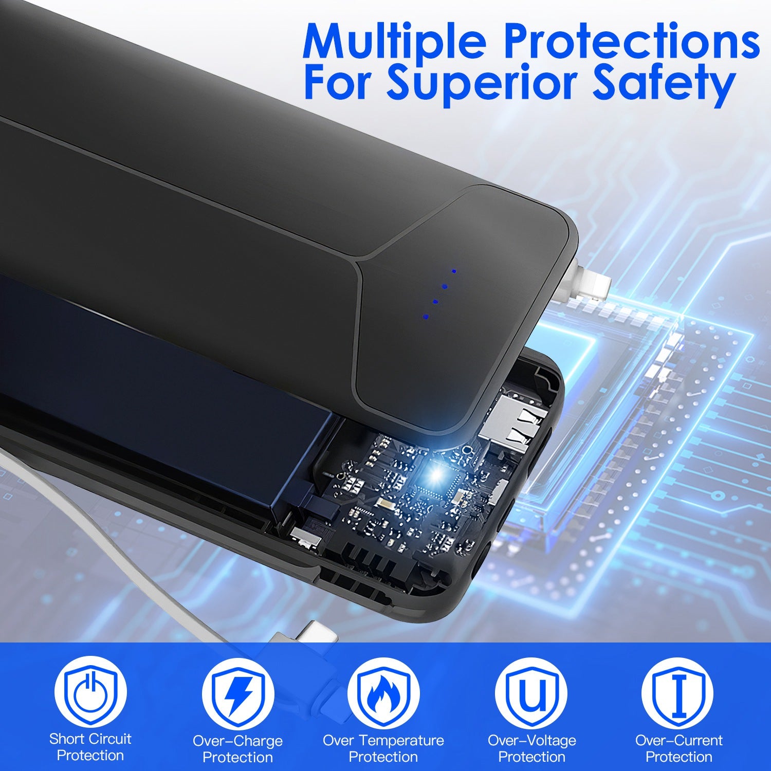 10000mAh Power Bank with Built in Cables Multi Output Charger