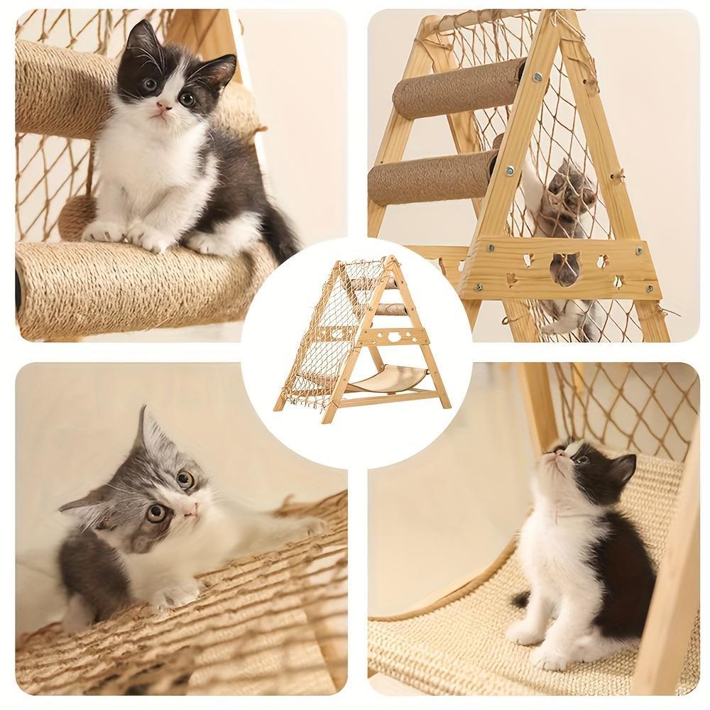 Wooden Multi-Level Cat Tree Tower with Scratching Posts & Climbing Net