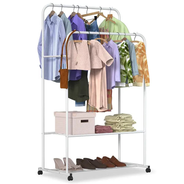 Garment Hanging Rack with Wheels Double Rail Clothes Organizer Stand