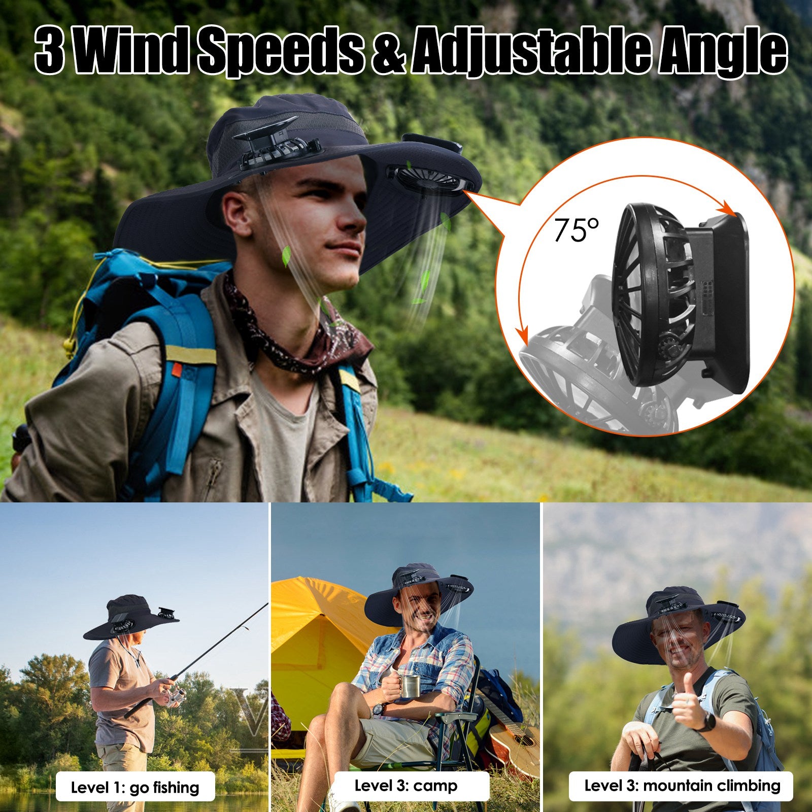 Outdoor Wide Brim Sun Hat with Solar Fans UPF50 Cooling Hat