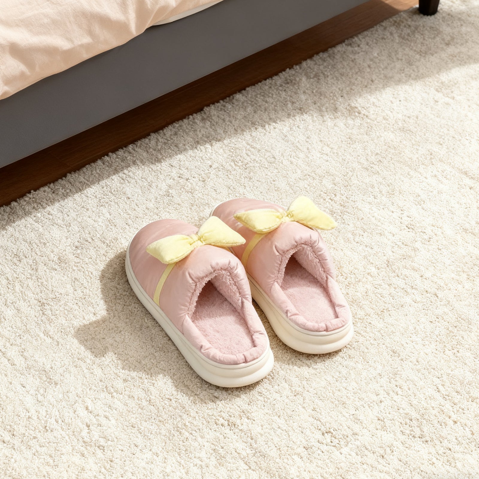 Pink Bow Cotton Slippers Soft Indoor House Slippers