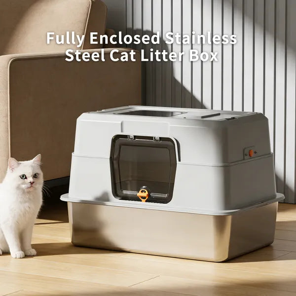 Fully Enclosed Stainless Steel Cat Litter Box, Odor-Proof, Anti-Splash, Spacious For Large Cats