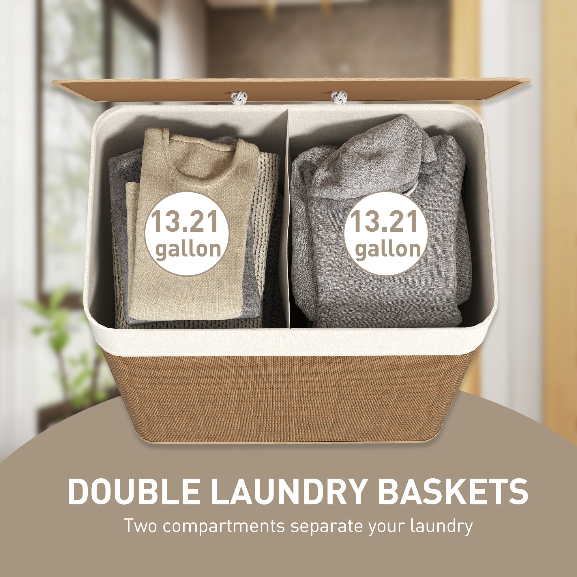 Double Bamboo Laundry Hamper With Lid Organizer Basket