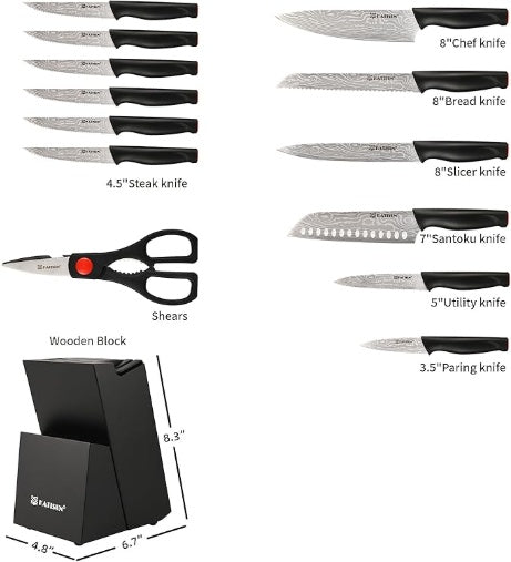 Damascus Pattern 15-Piece Kitchen Knife Set with Block