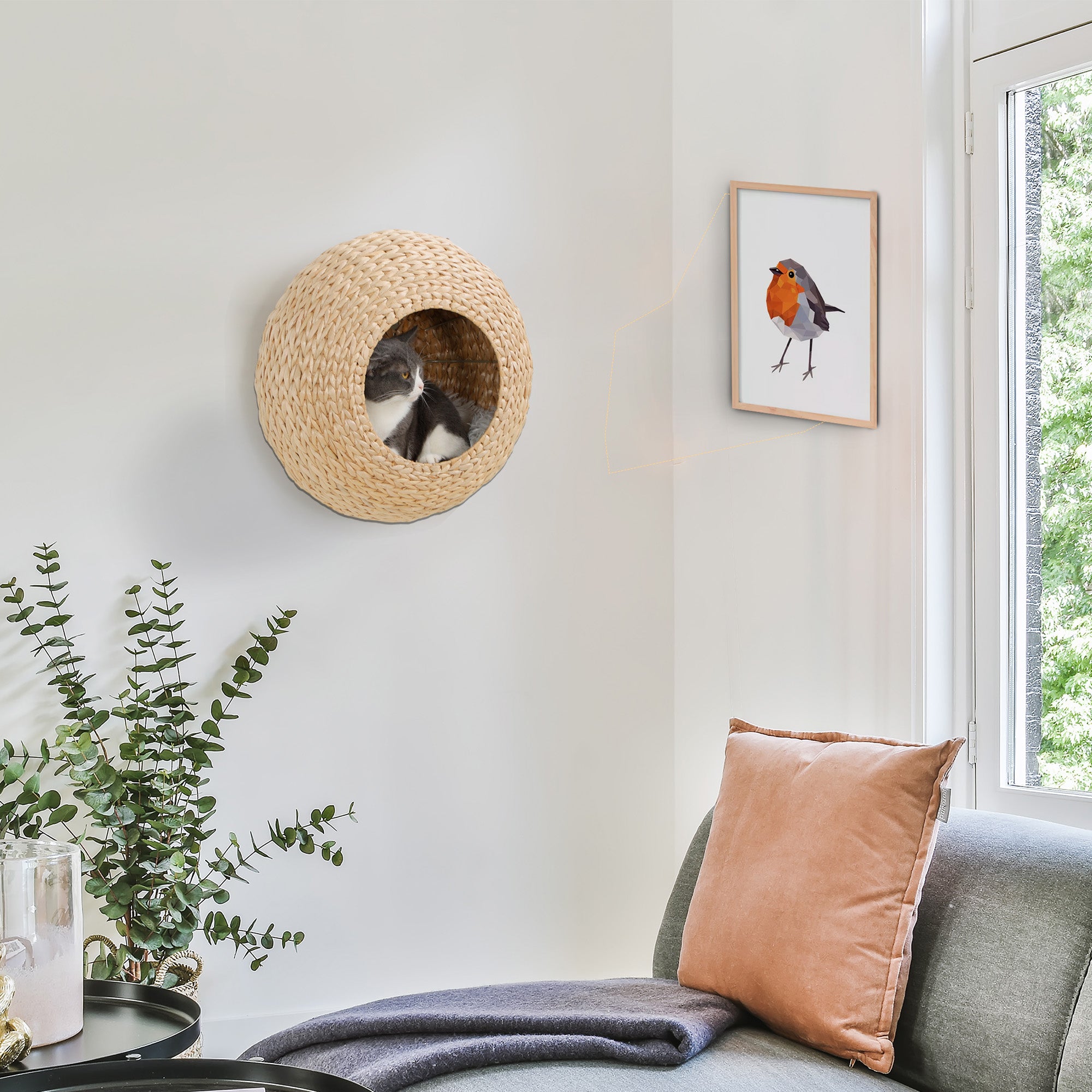 Wall Mounted Cat Condo with Washable Cushion – Natural Wood Floating Cat Bed