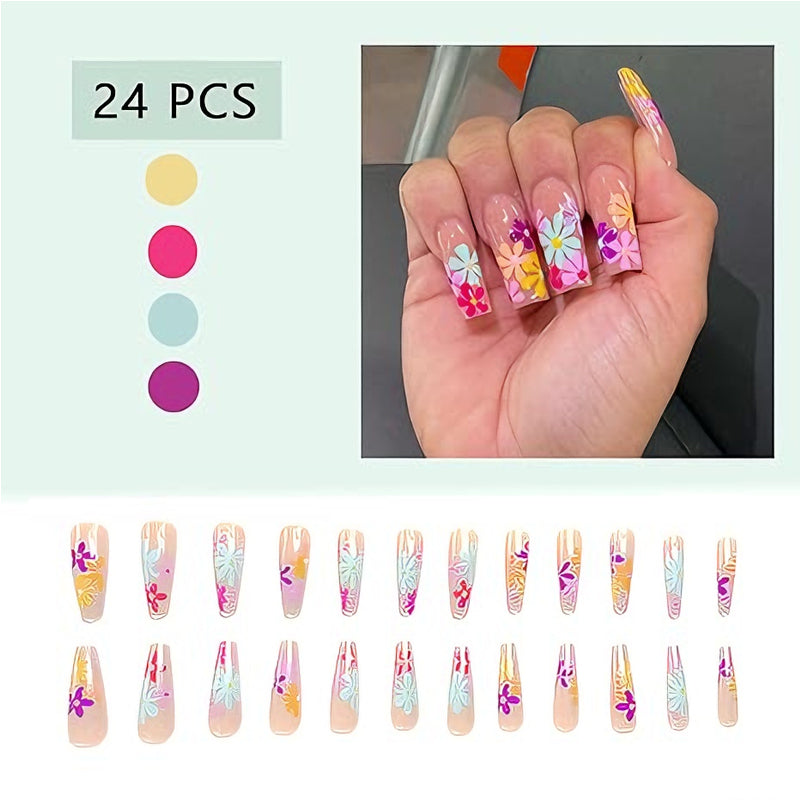 24PCS Long Flat Flower Square Press On Fake Nails