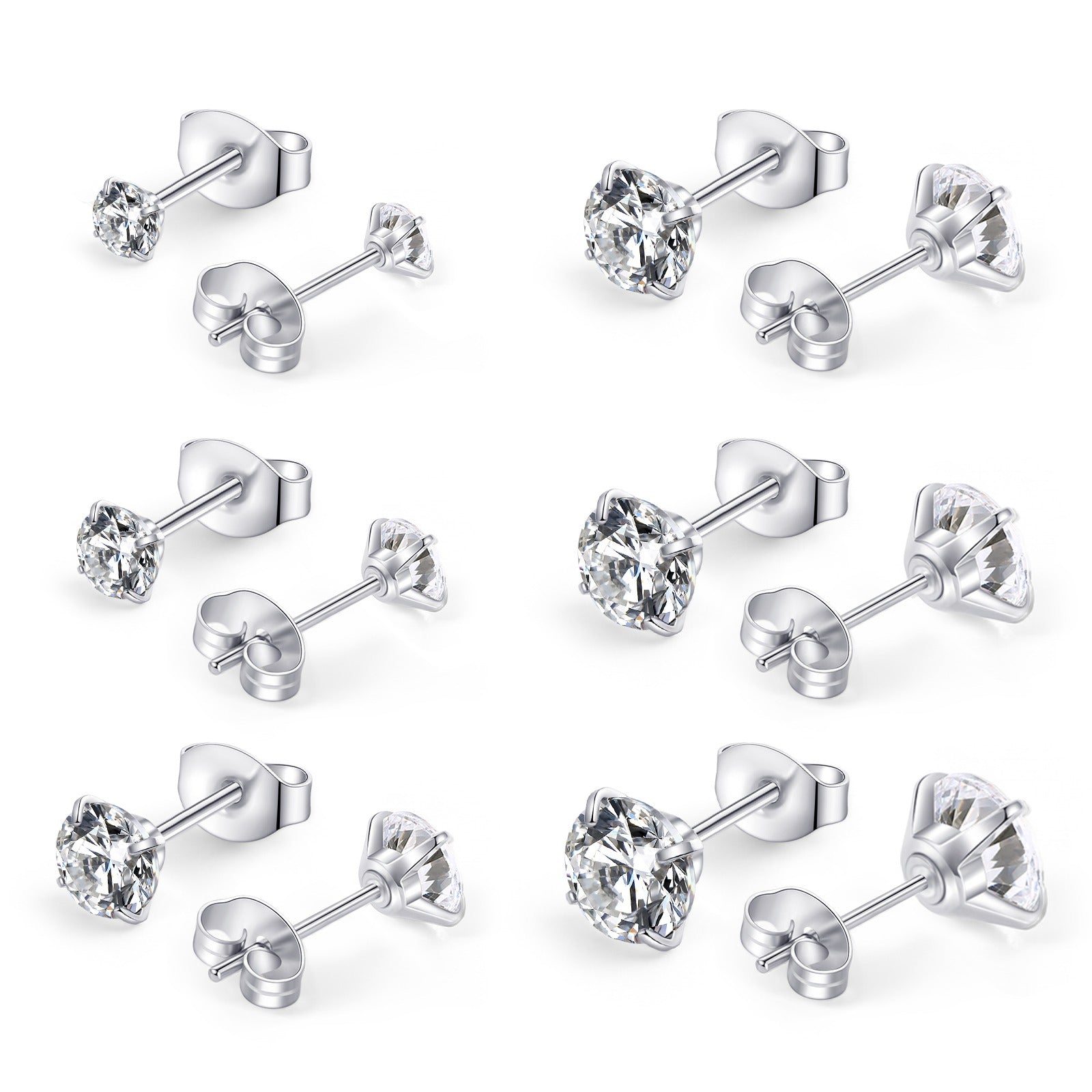 Luxury Titanium Steel Stud Earrings Set 6Pairs Butterfly Back