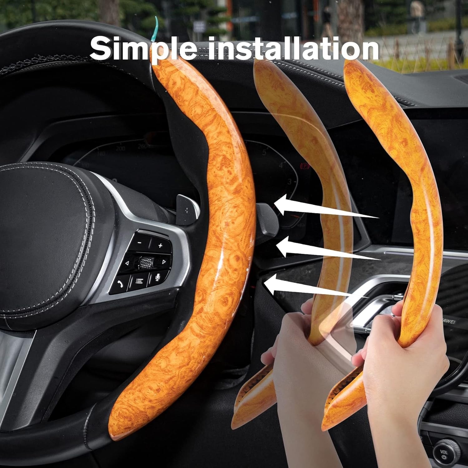 3PCS Wood Grain Steering Wheel Cover Segmented Grip