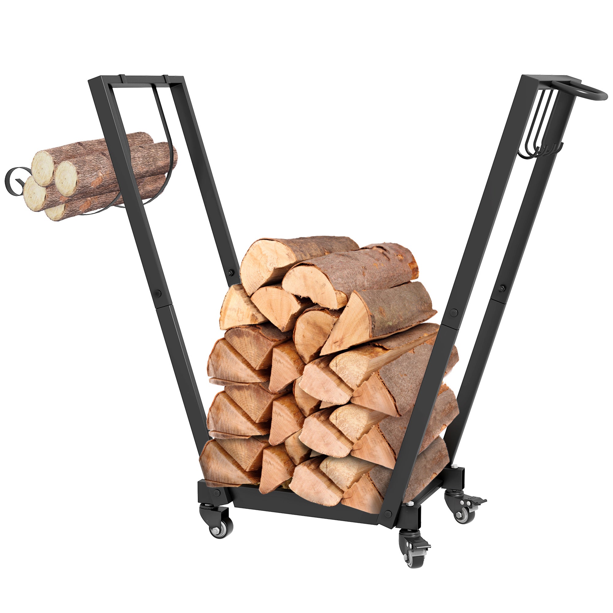 Firewood Rack with Wheels Metal Log Holder with Hooks