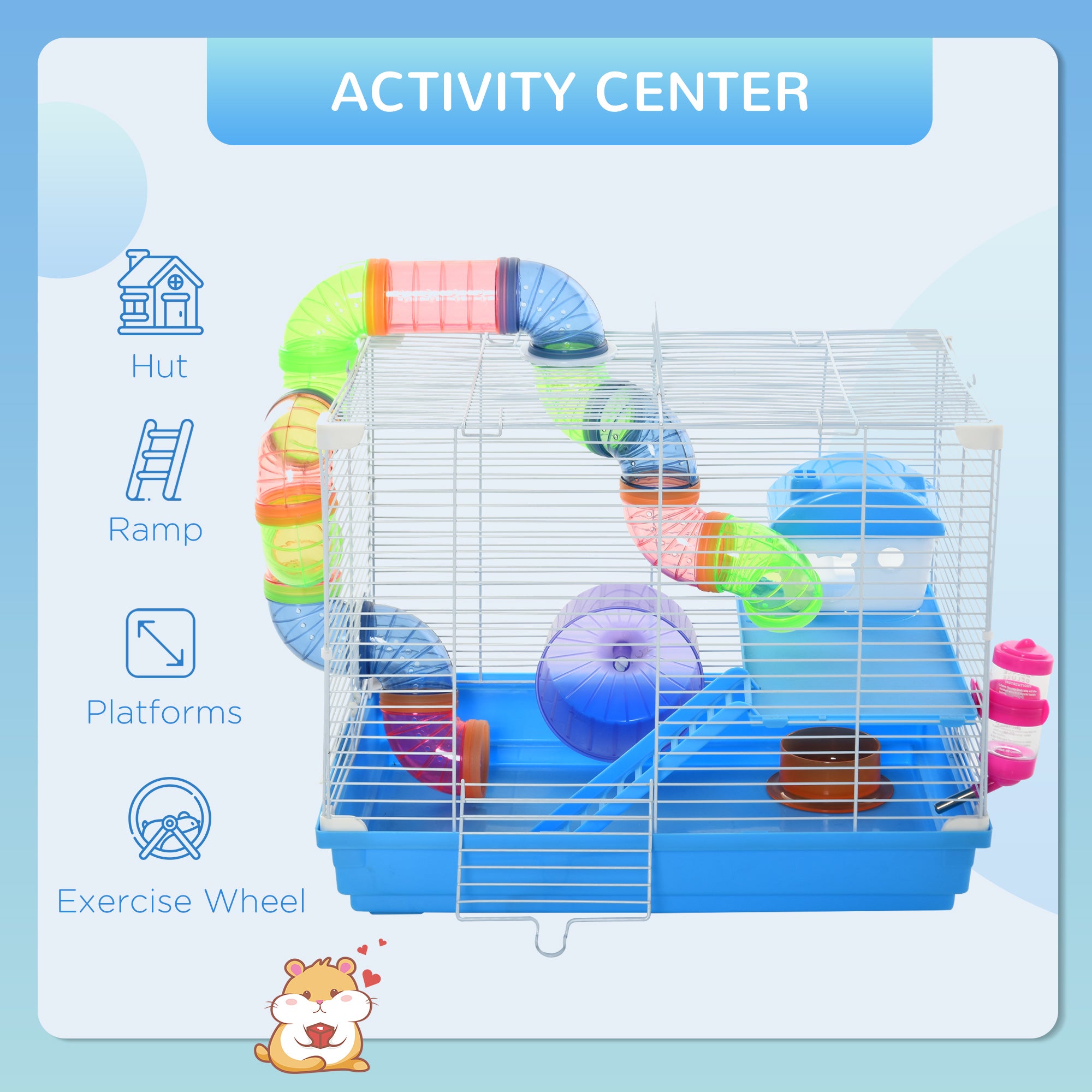 2-Level Hamster Cage with Exercise Wheel & Play Tubes – Small Animal Habitat for Rodents