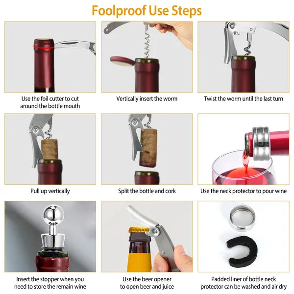 3Pcs Corkscrew Wine Bottle Opener Set with Foil Cutter Stopper