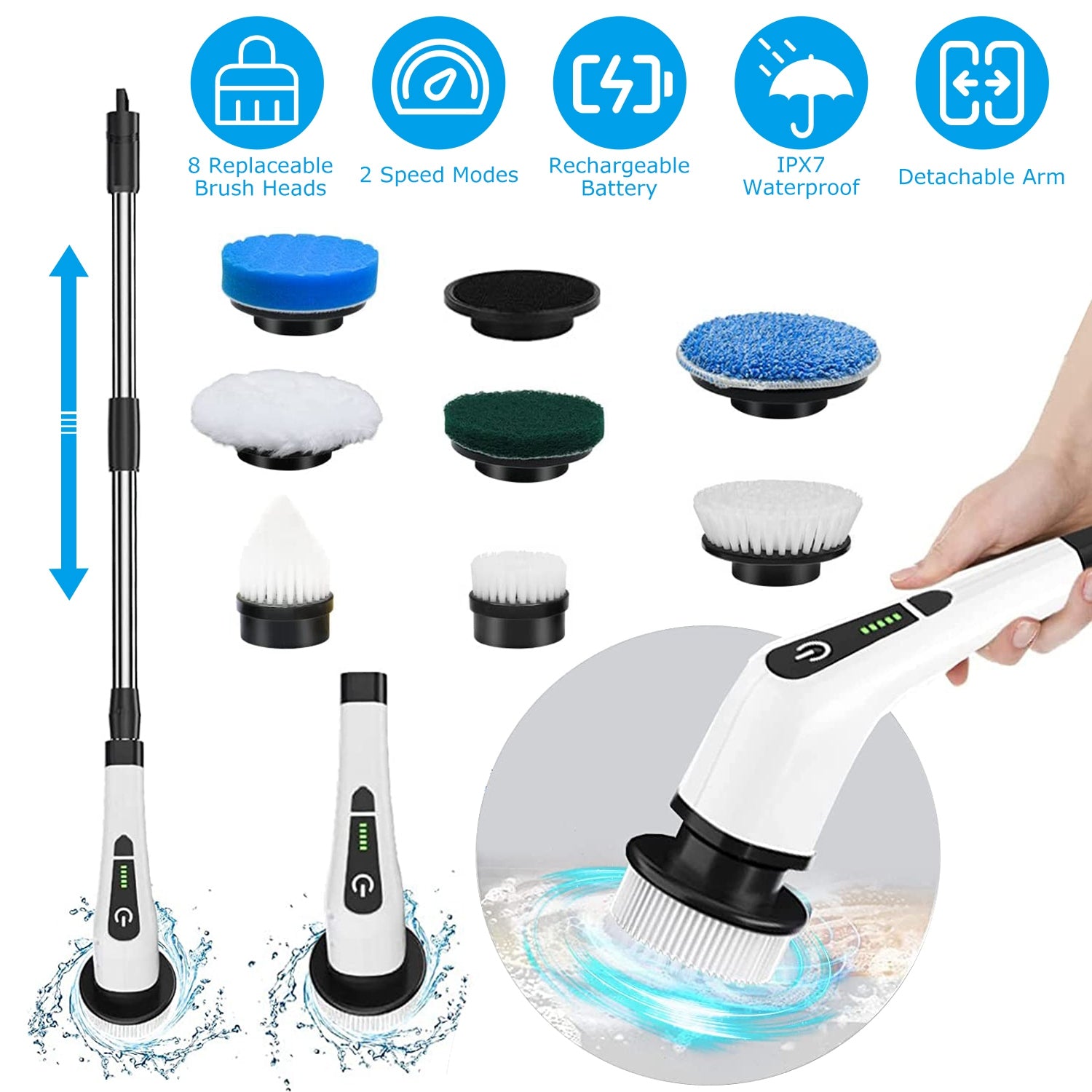 Electric Spin Scrubber Cordless Telescopic Cleaning Brush 8 Heads