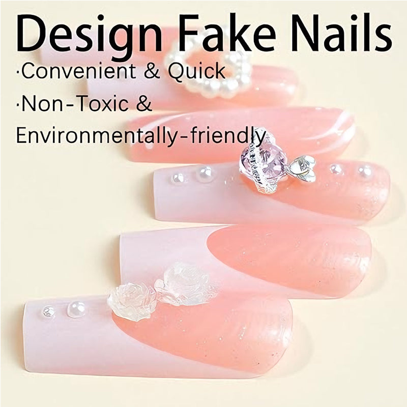 24 PCS Planet Pearl Flower Long Fake Nails
