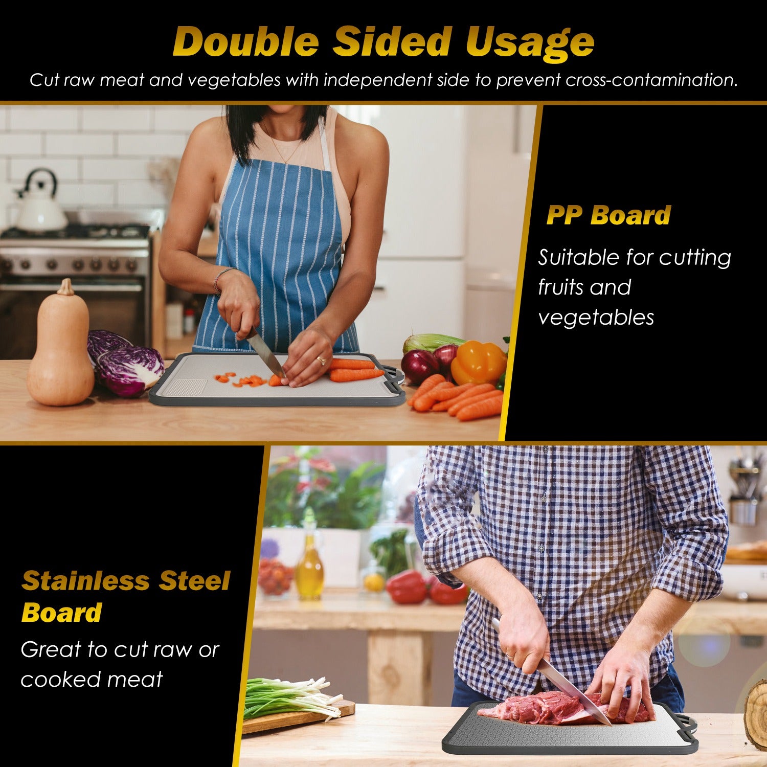 2Pcs Double Sided Cutting Board Stainless Steel PP Kitchen Set