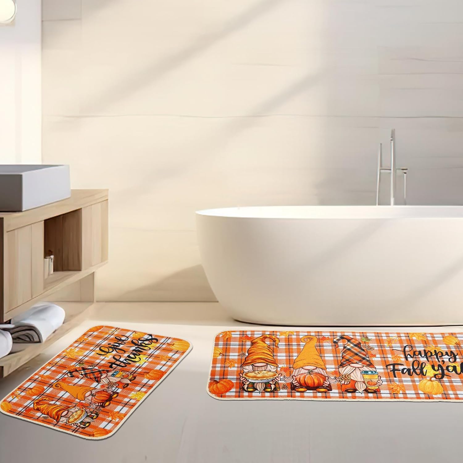 Fall Kitchen Rug Set with Pumpkin and Gnome Design