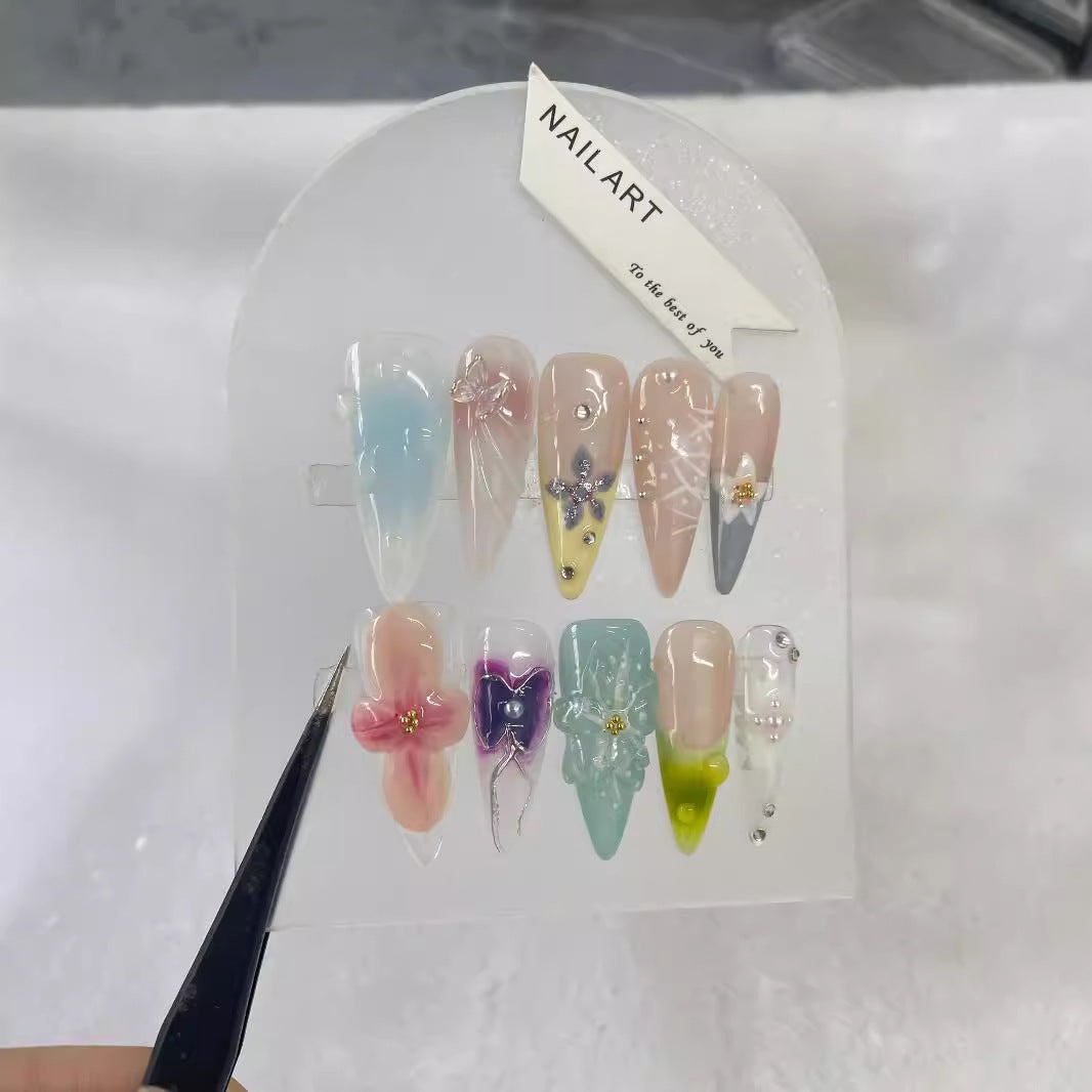 Hand-Painted 3D Elegant Long Armor Press On Nails