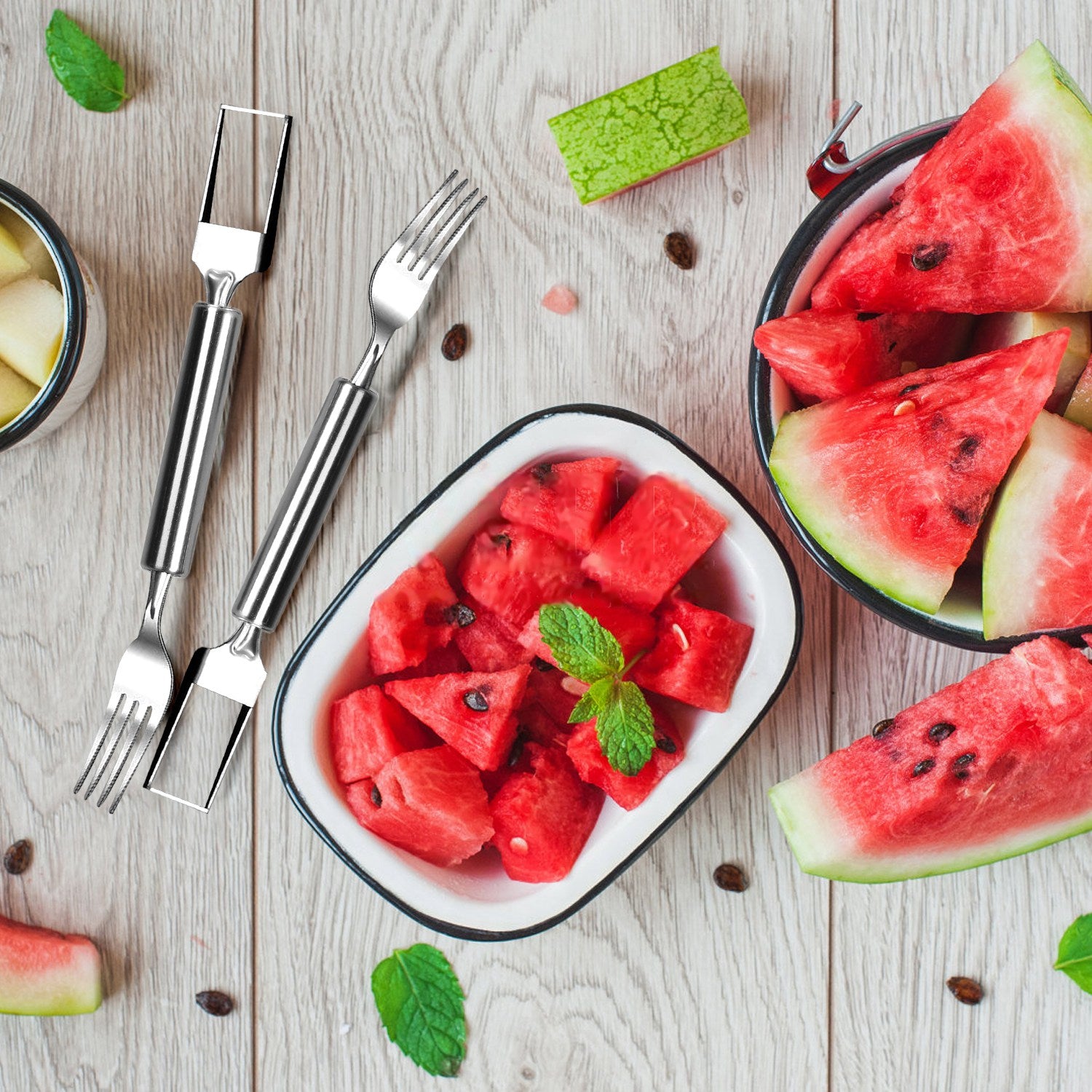 5Pcs 2-in-1 Watermelon Cutter Fork Stainless Steel Fruit Slicer
