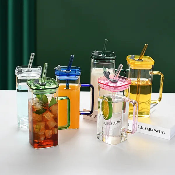 Square Glass Cup with Lid and Straw Modern Drinkware