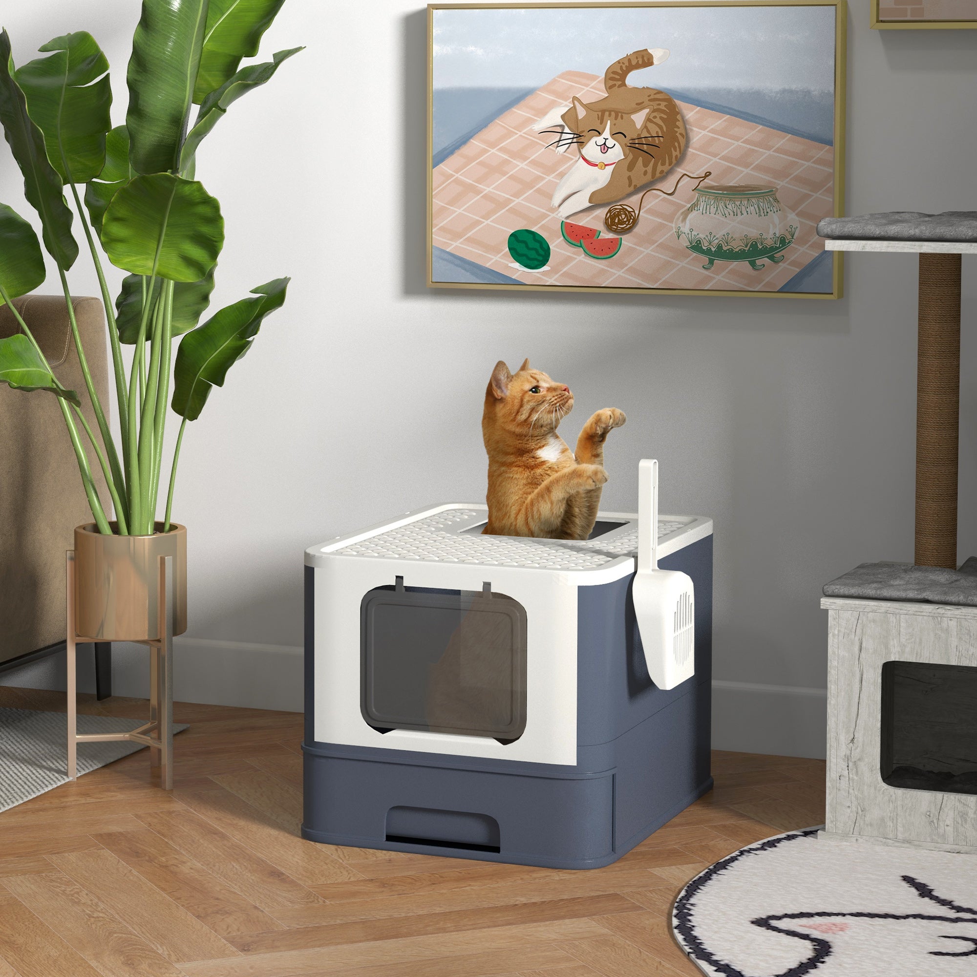 Large Enclosed Cat Litter Box with Lid & Scoop – Front Entry Top Exit Cat Toilet