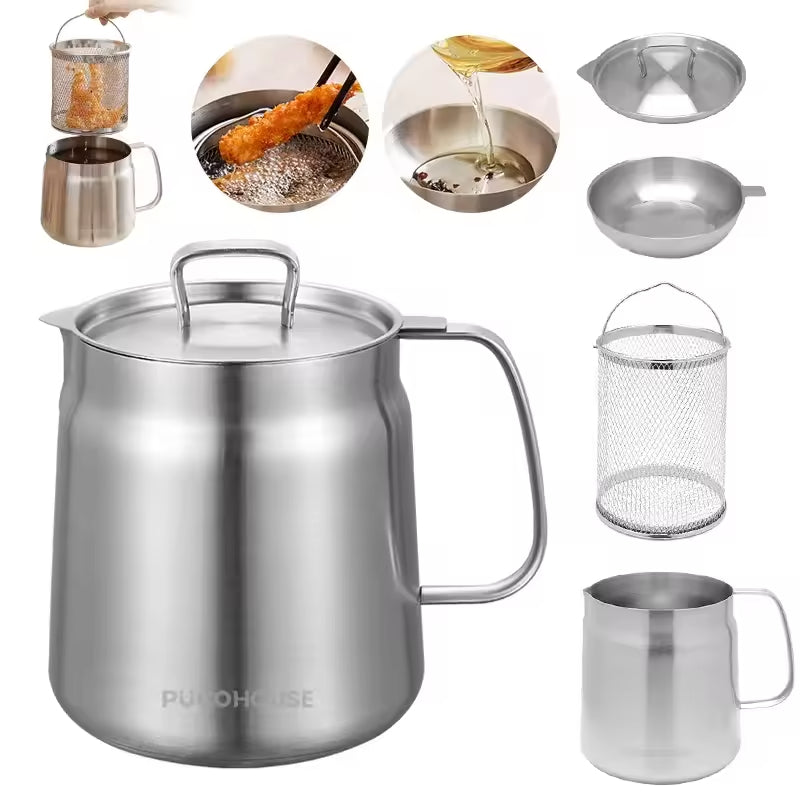 2L Stainless Steel Oil Filter Pot with Fine Mesh & Frying Basket