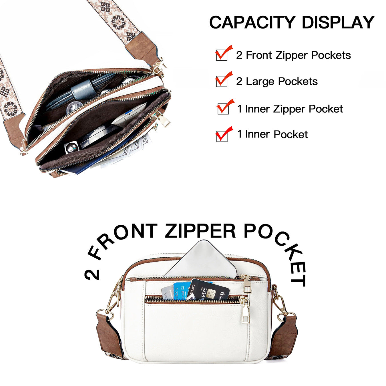 Triple Zipper Shoulder Bag Colorblock Crossbody with Floral Strap for Women