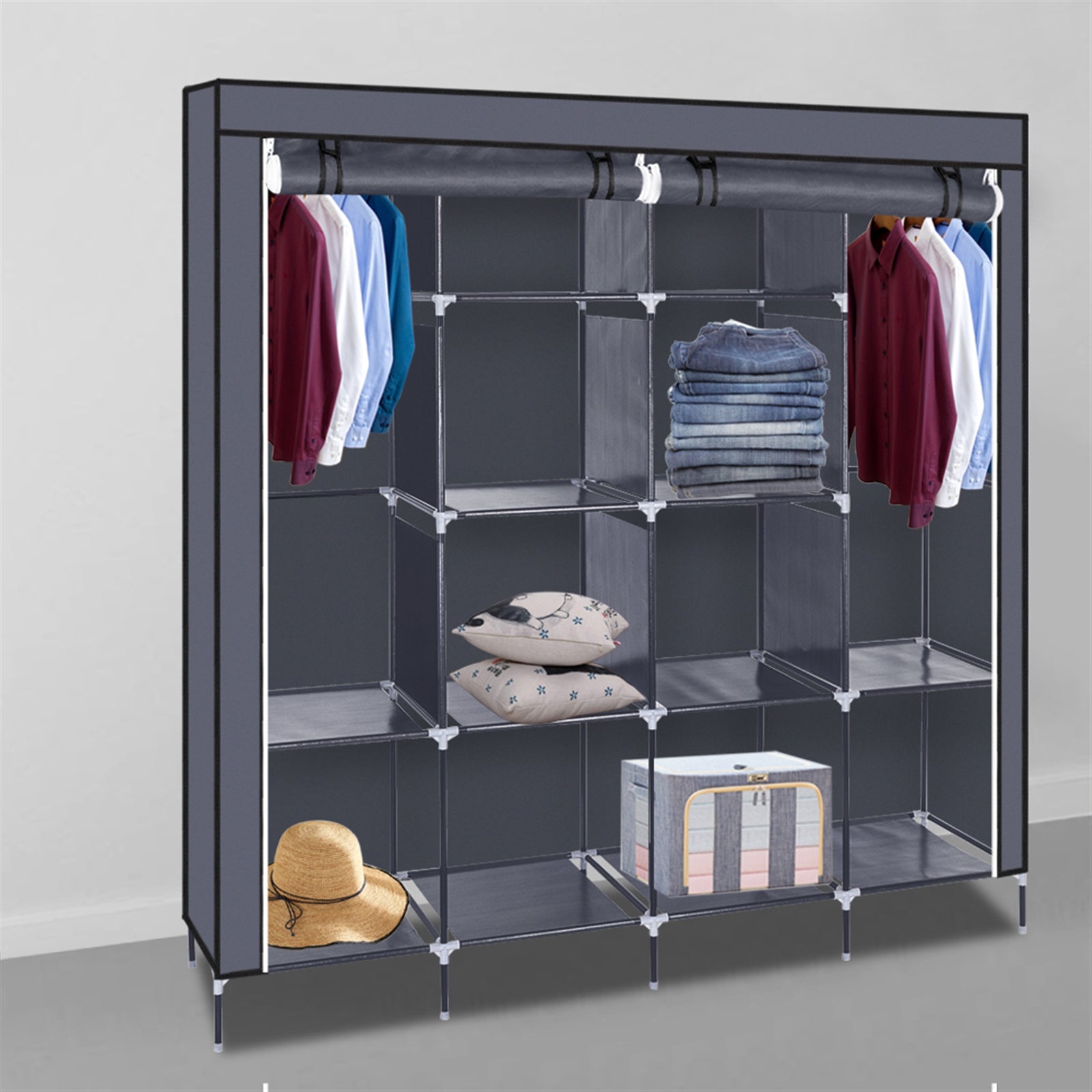 Large Portable Wardrobe Closet with 12 Shelves & Side Pockets