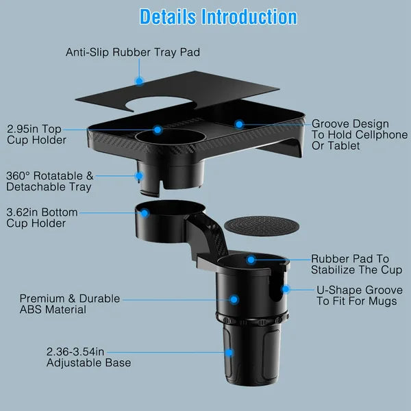3-in-1 Car Cup Holder Expander with 360° Rotating Tray
