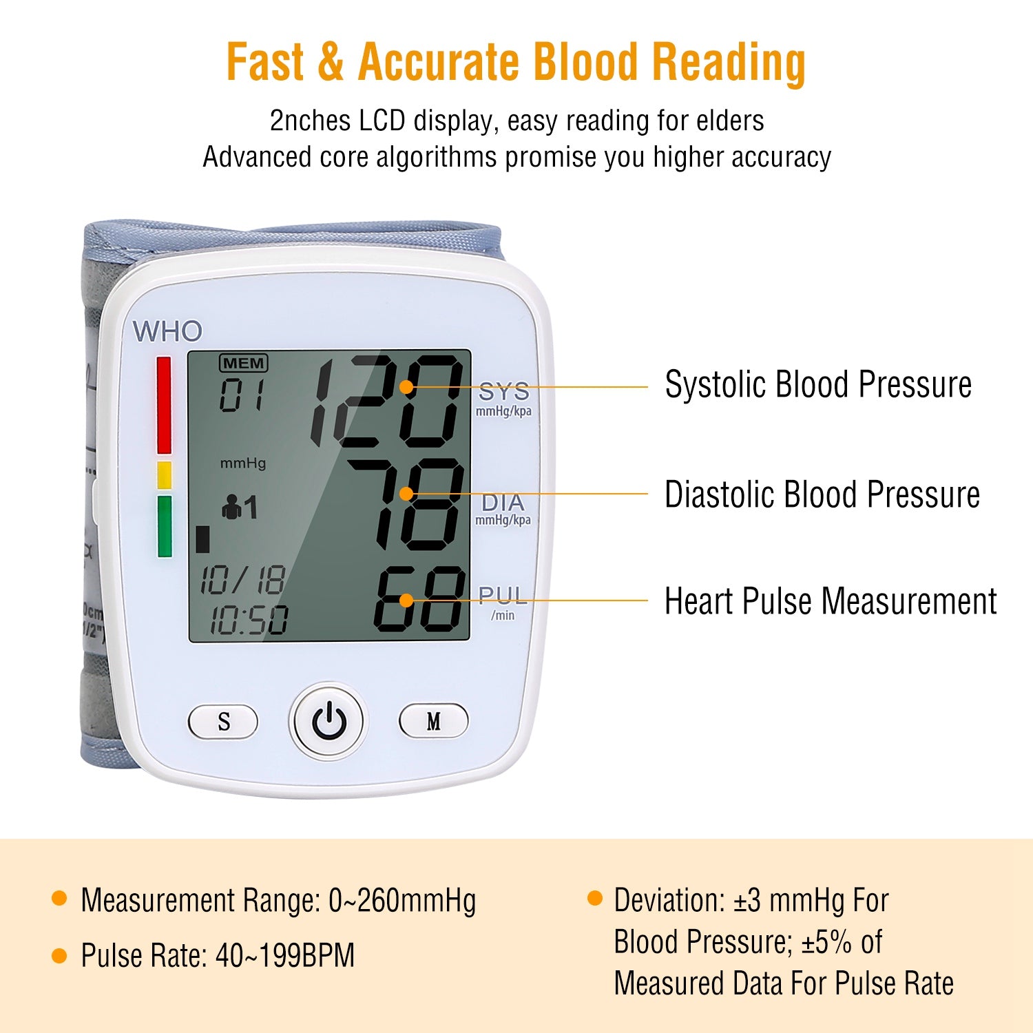Digital Wrist Blood Pressure Monitor with Memory & Large LCD Display