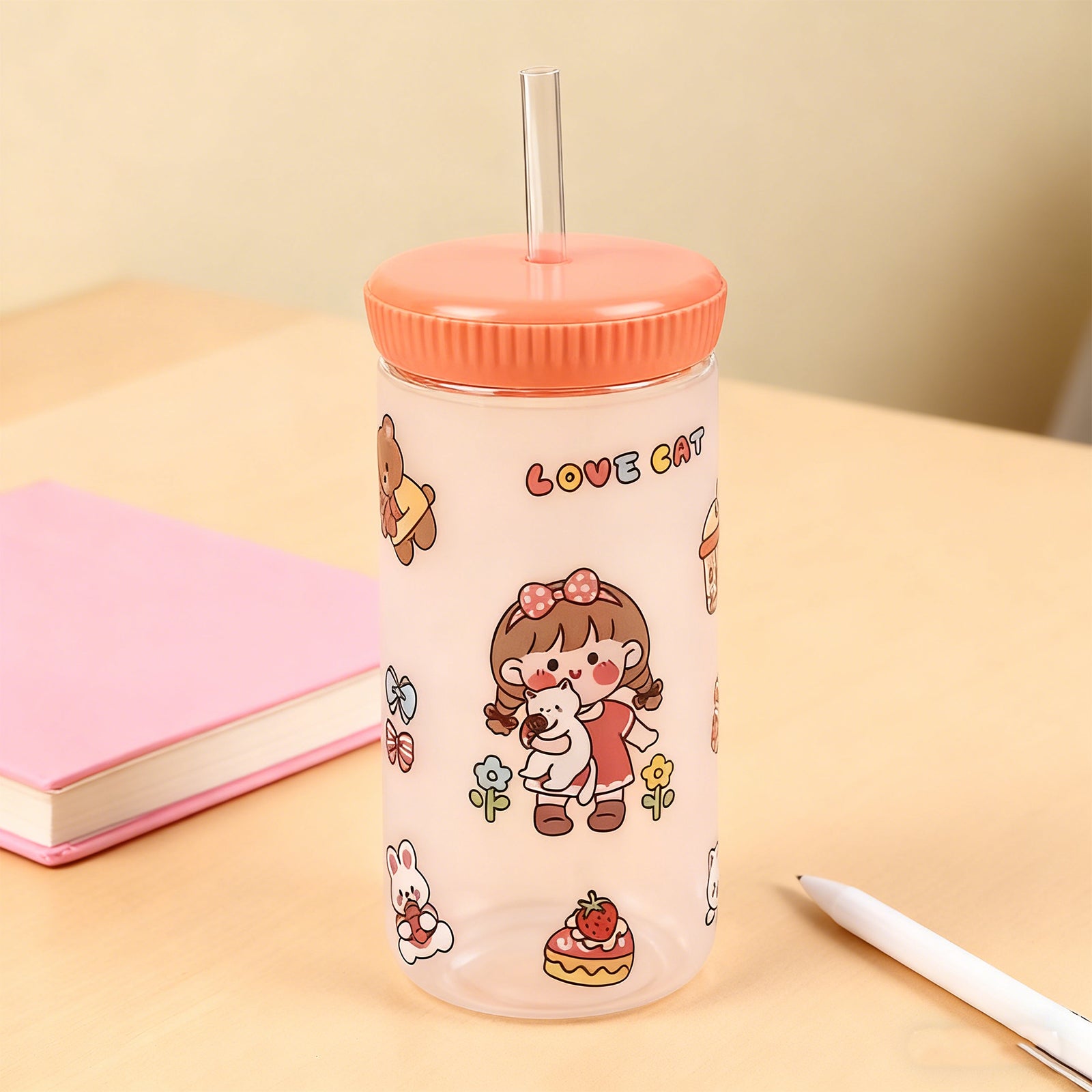 500ml Cartoon Straw Water Bottle Pink Kids Drink Bottle