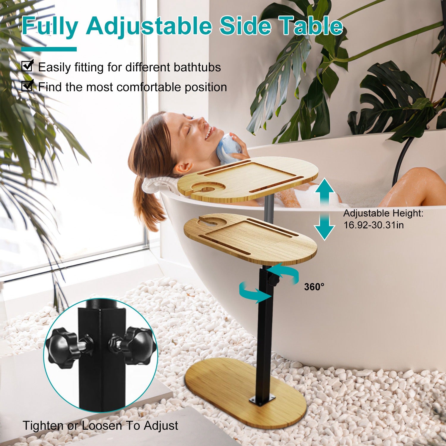 C-Shaped Bathtub Tray Table Adjustable Bamboo Bath Caddy