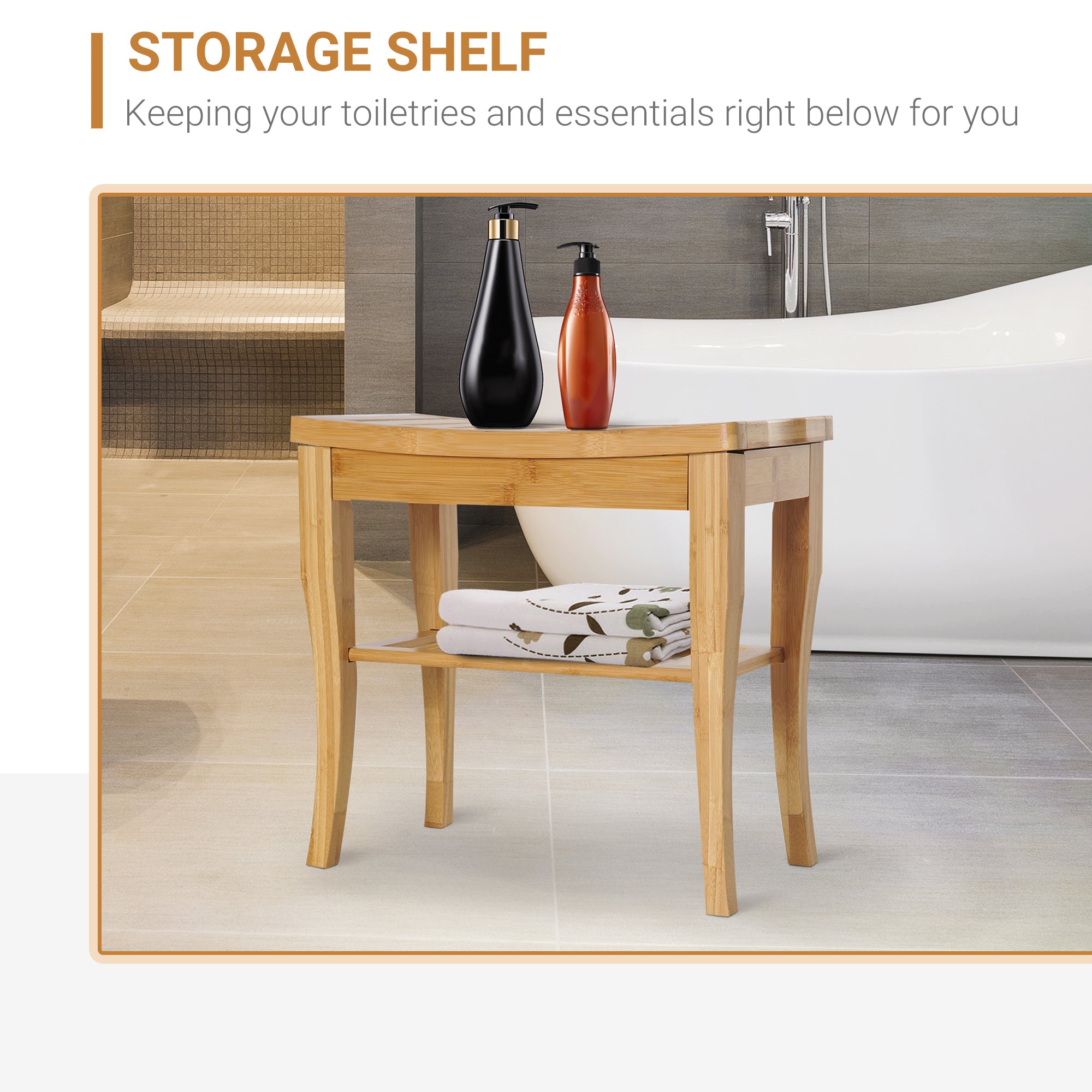 Premium Bamboo Shower Bench Seat with Storage Shelf & Support