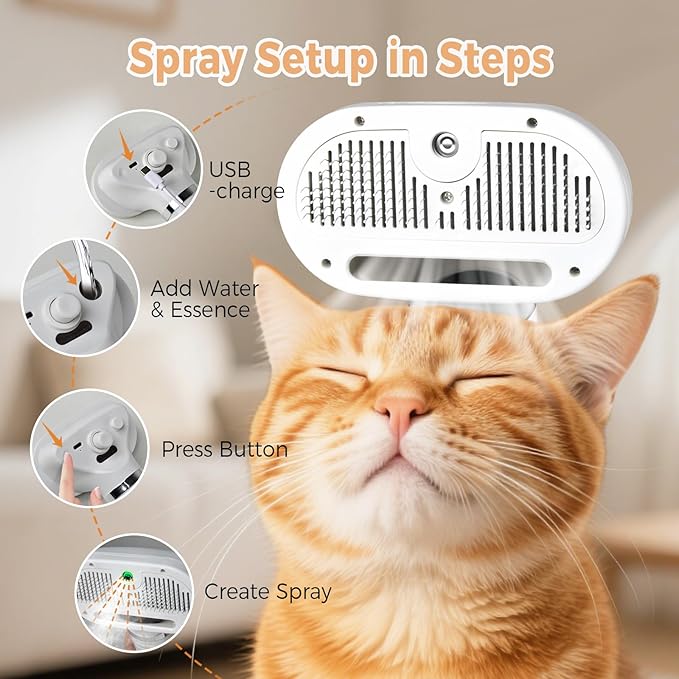 Premium 3in1 Pet Steam Brush Spray Grooming Hair Removal Tool