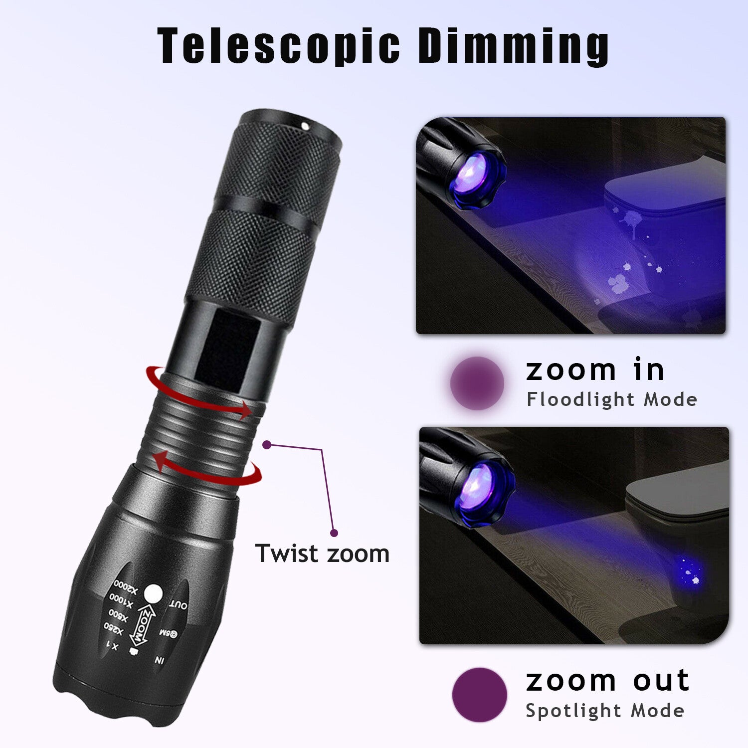 UV Flashlight 2 in 1 Blacklight LED Zoom Inspection Torch 395nm