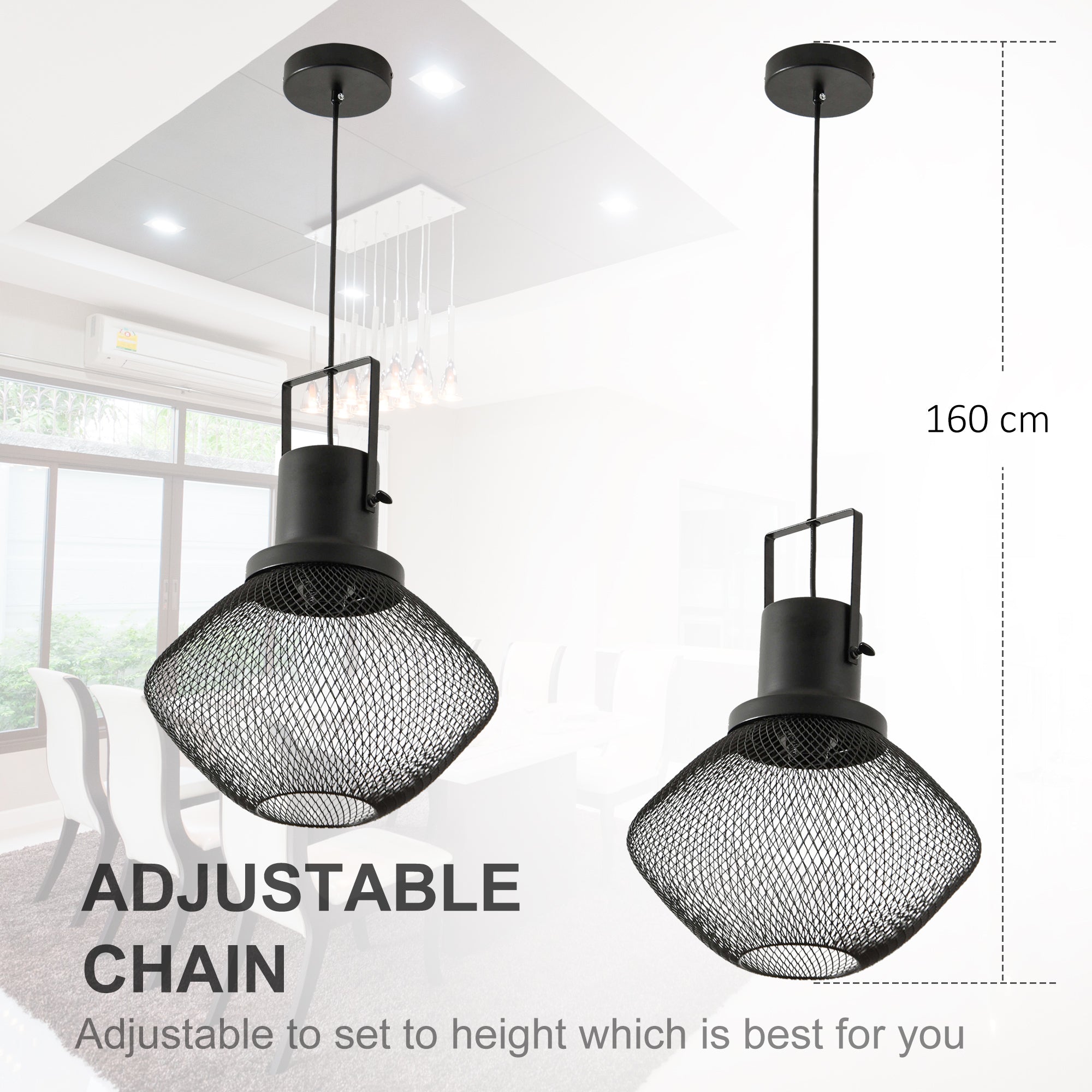 Industrial Pendant Light Fixture Adjustable Chain Black Steel Ceiling Lamp