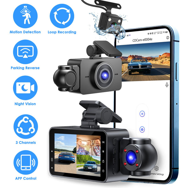 3 Channel Dash Cam 1080P Car Camera Front Interior Rear