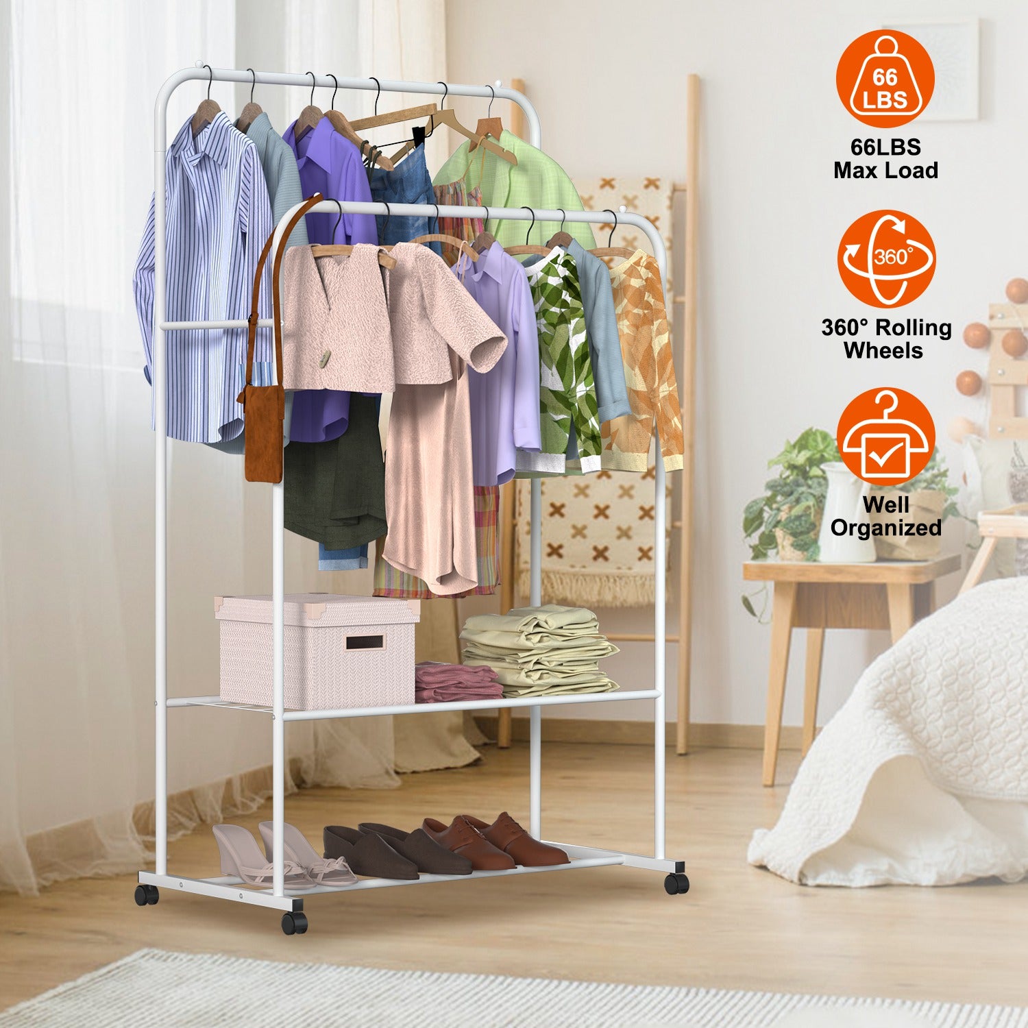 Heavy Duty Rolling Garment Rack with Shelf Clothes Organizer