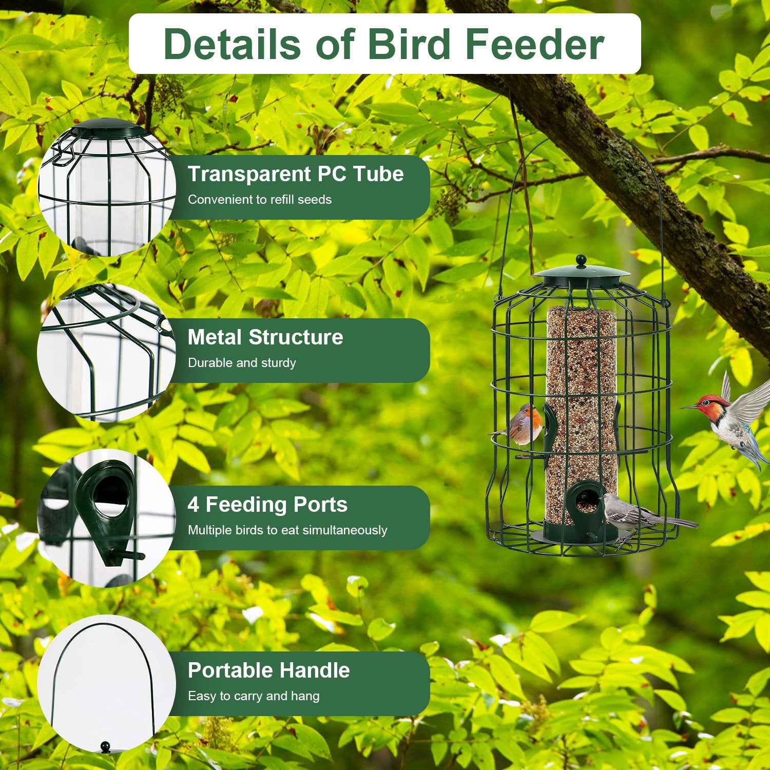 Squirrel Proof Metal Bird Feeder Hanging 4 Port Seed Feeder
