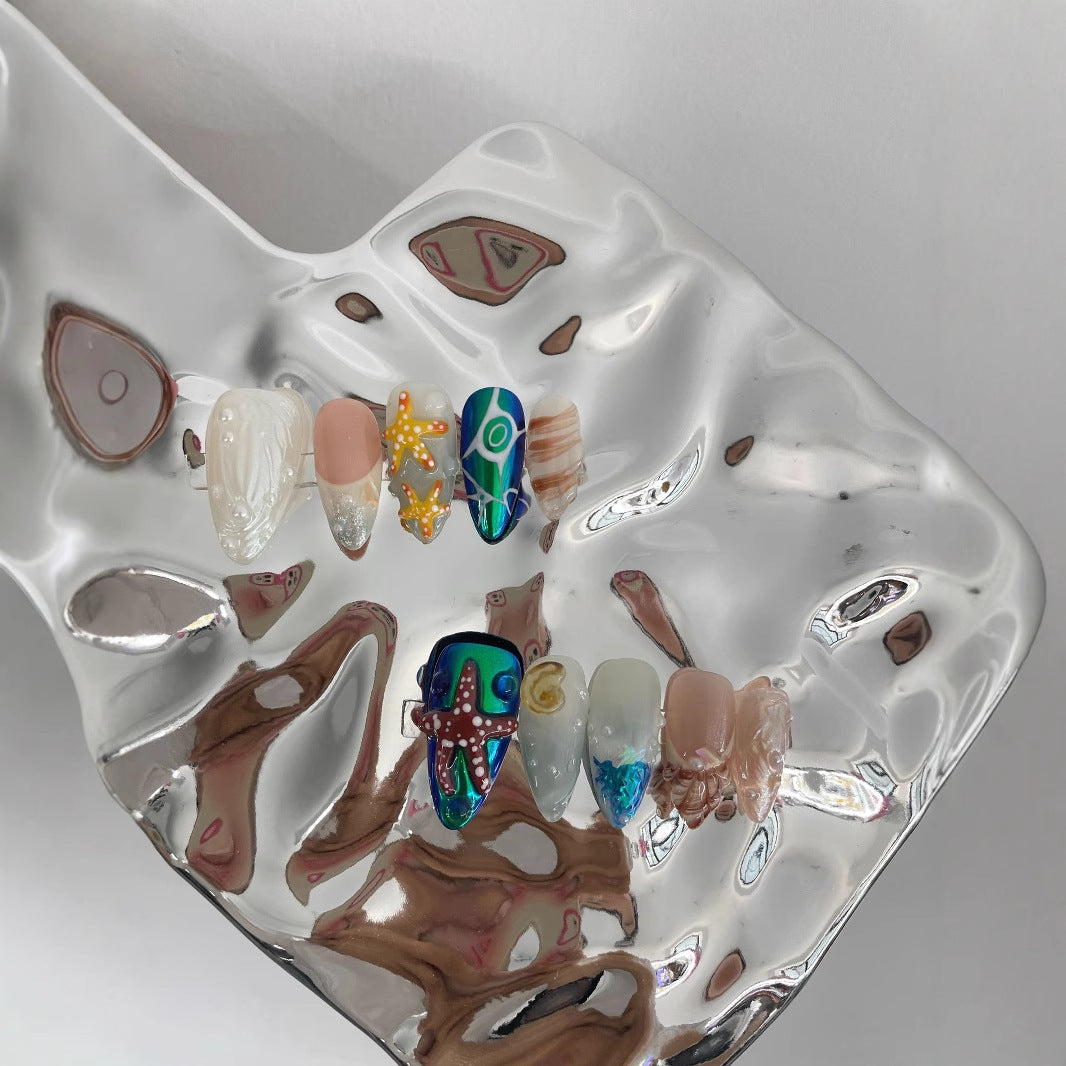 Hand-Painted Happy Underwater World White Long Manicure