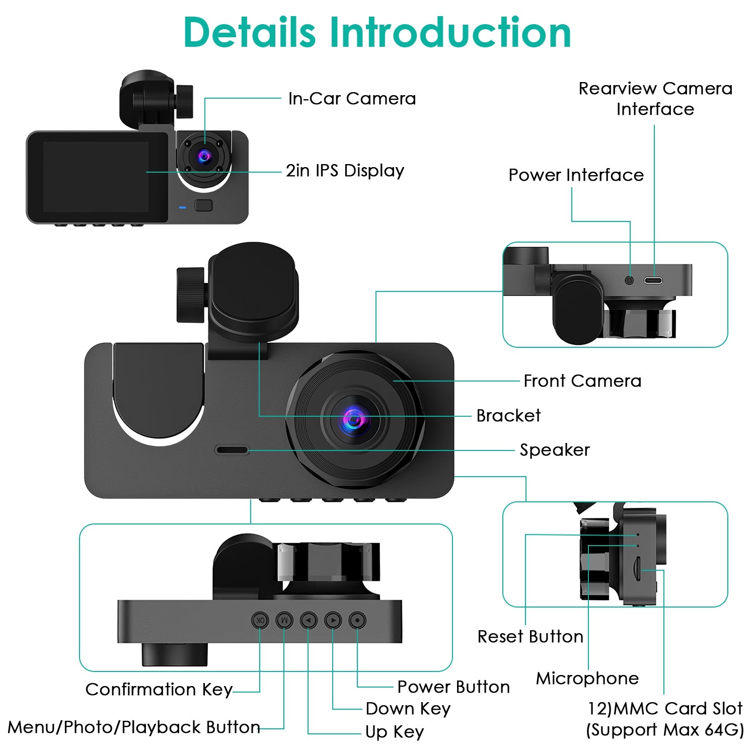 3 Channel Car Camera 1080P Dash Cam with 32GB Card