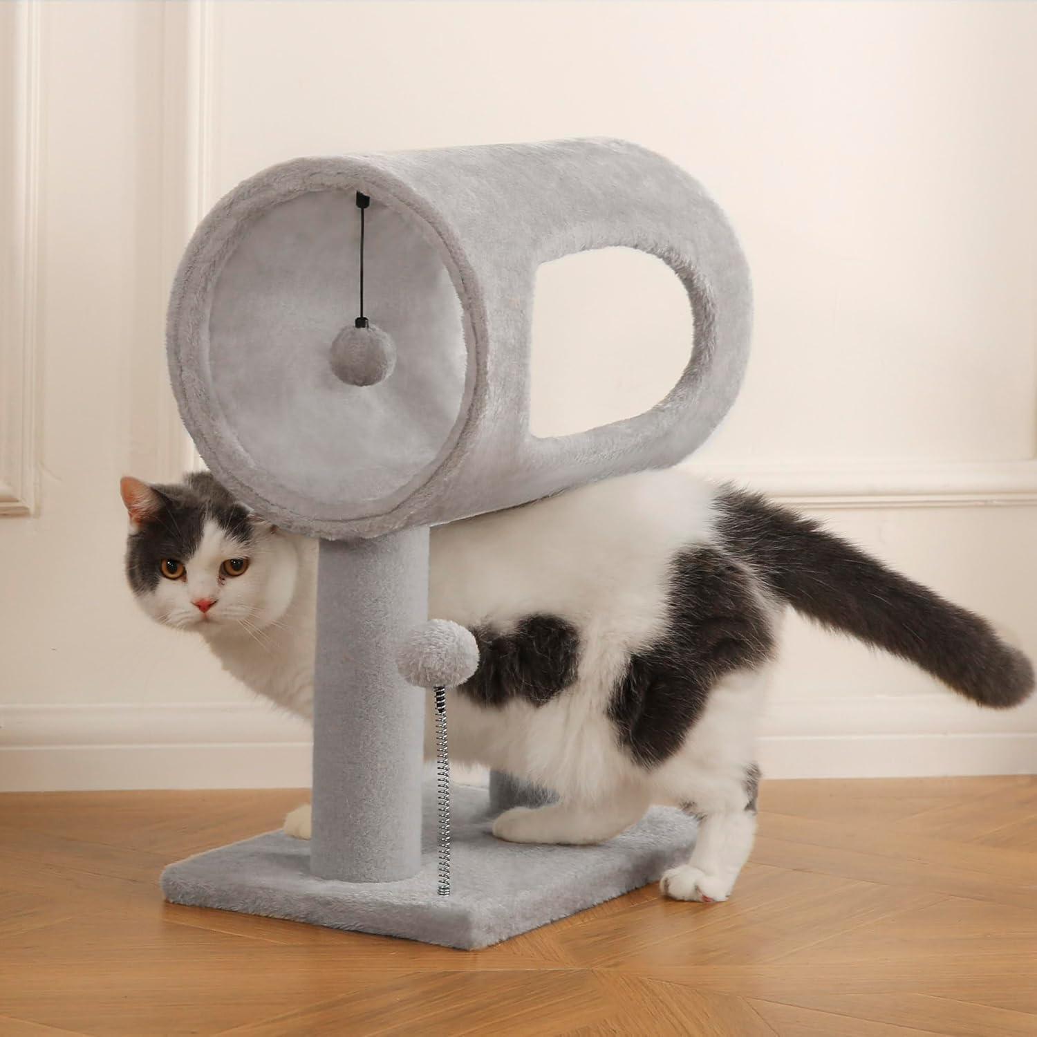 Premium Gray Indoor Cat Tree with Tunnel Bed and Hanging Toy